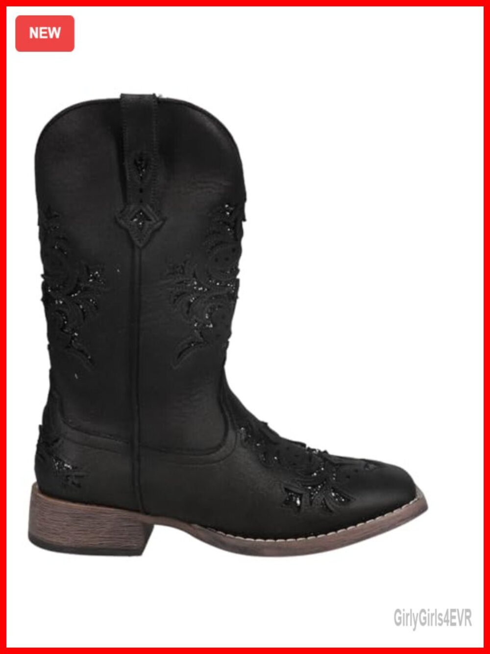 Faux Leather Glitter Square Toe Pull On Mid Calf Cowboy Boots